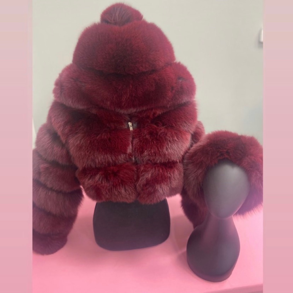 Burgundy cropped fur bomber